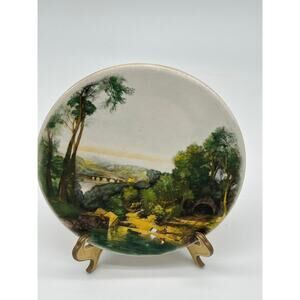 Vintage Scenic Landscape Ceramic Trivet  6” River Bridge Cottage Country Scene
